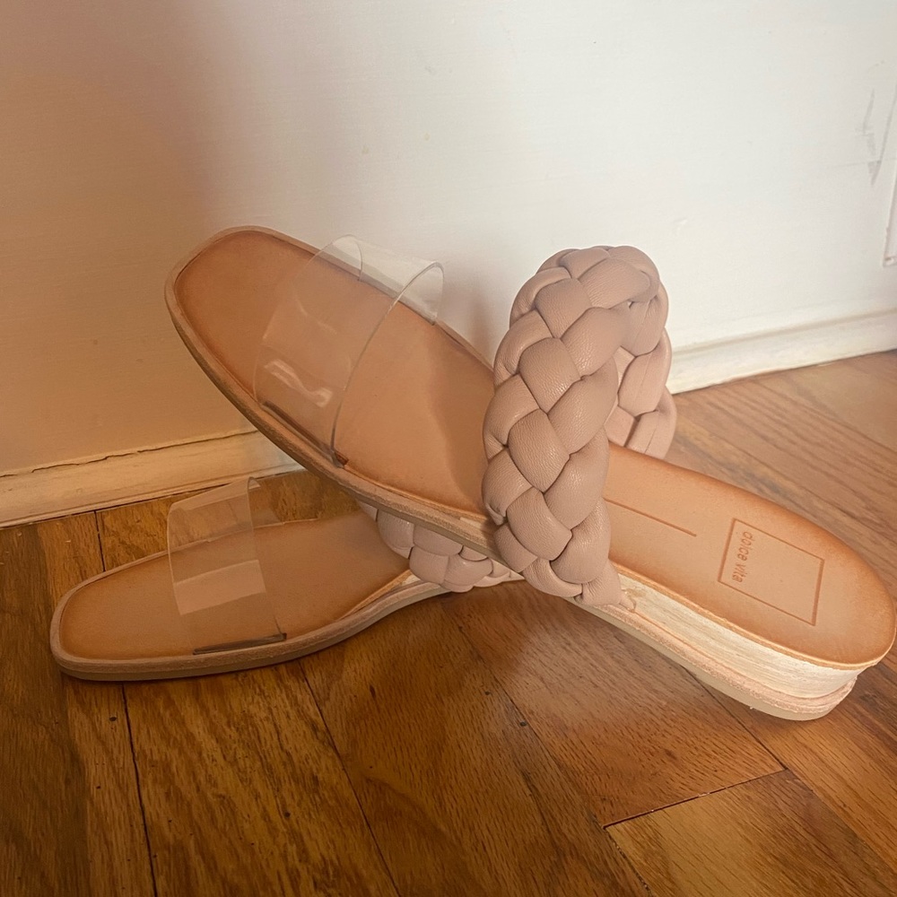 Cream dolce vita sandals size 8 with basket weave strap and clear strap
